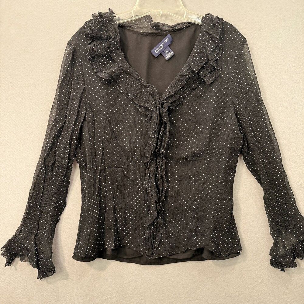 Jones New York Signature Black Polka Dot Ruffle Blouse Sheer V-Neck Top XL